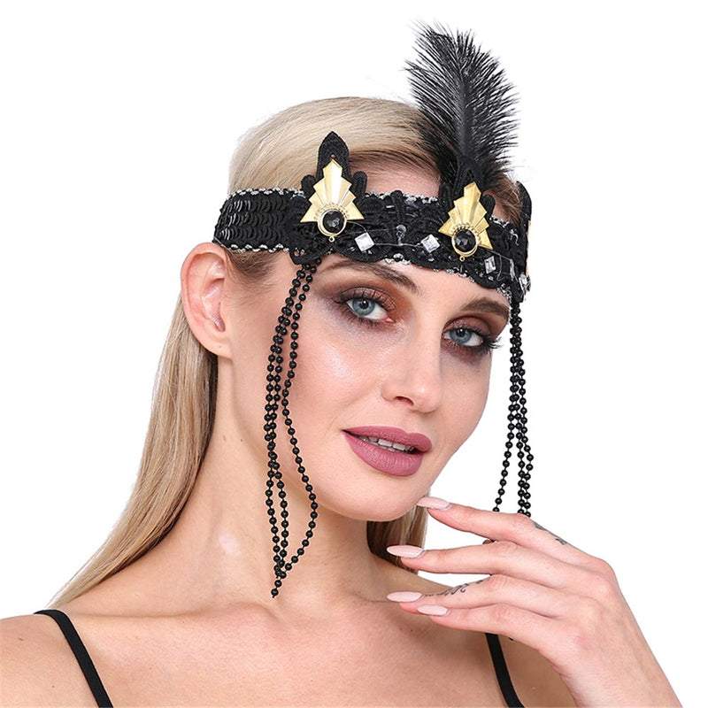 Gold black flapper headband with feather