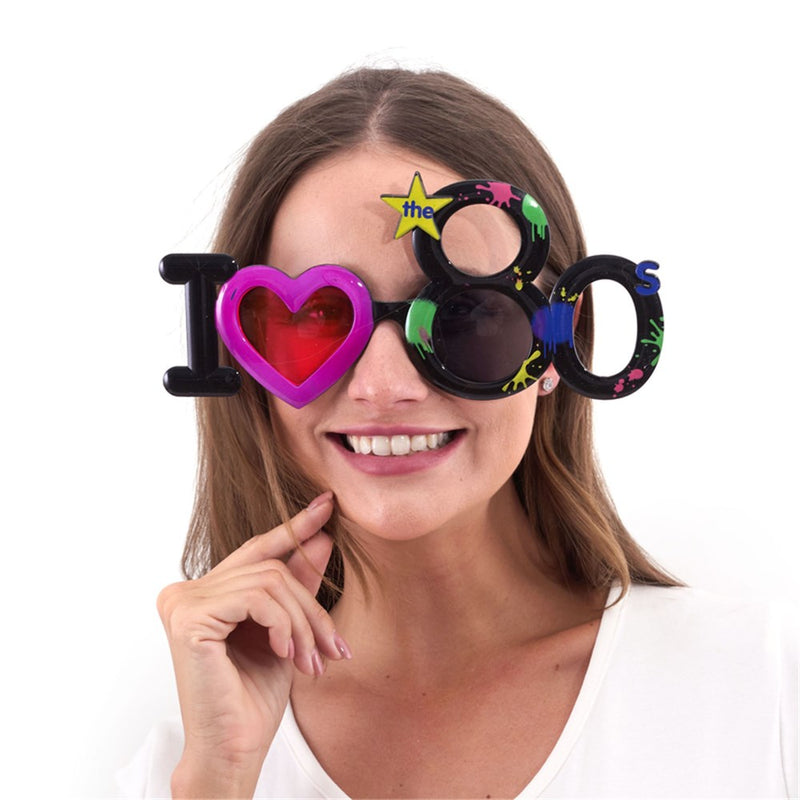 Expressive novelty eyewear featuring text honoring a vintage decade