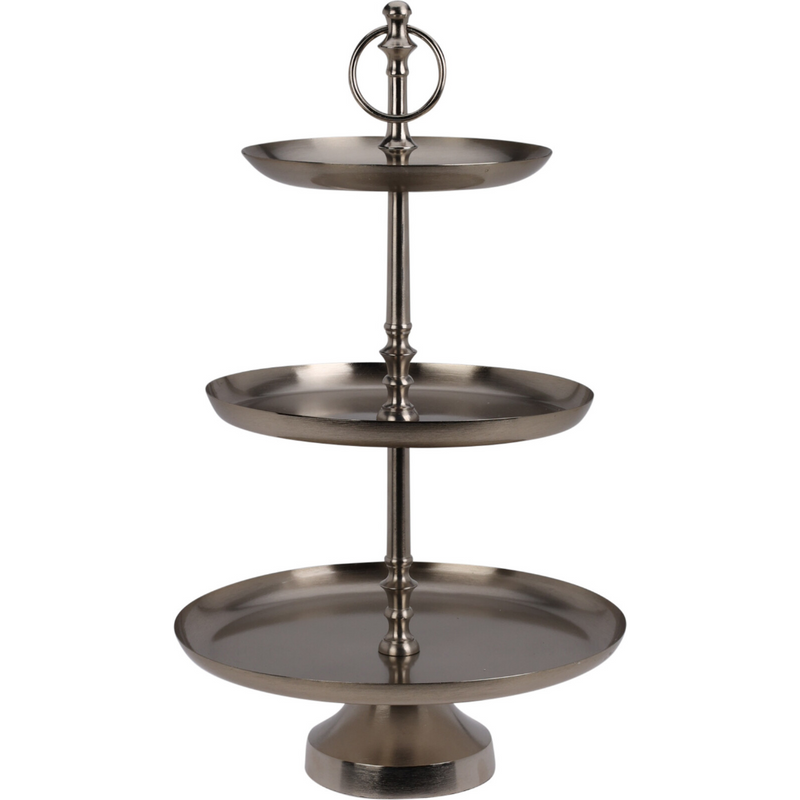silver three layer etagere measuring 30 x 50cm