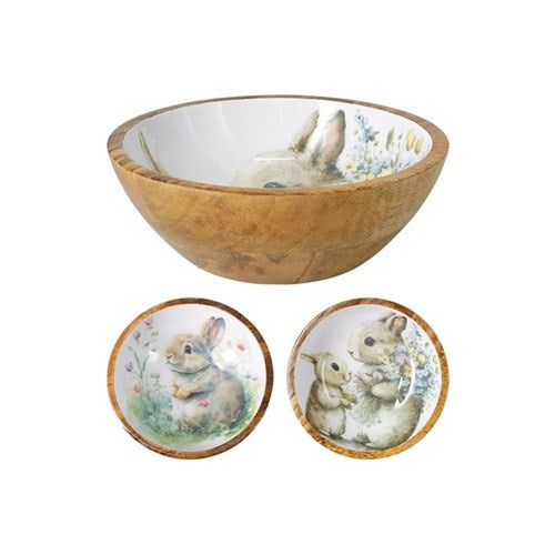 Wood serving bowl with enamel interior