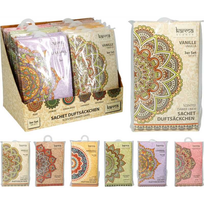 3 piece scented sachet set in 6 assorted fragrances