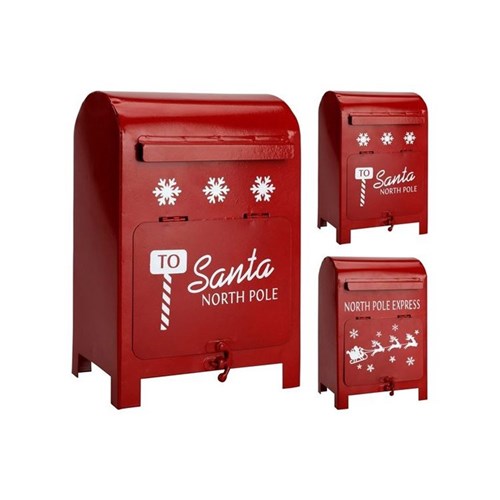 Three assorted 23 cm red metal Christmas mailboxes