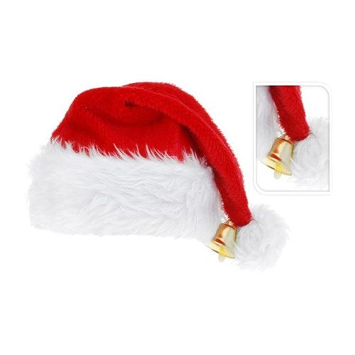 Plush red Santa hat with white trim and bell
