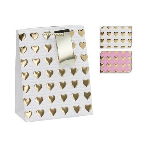 Medium sized paper gift bag featuring a metallic heart pattern