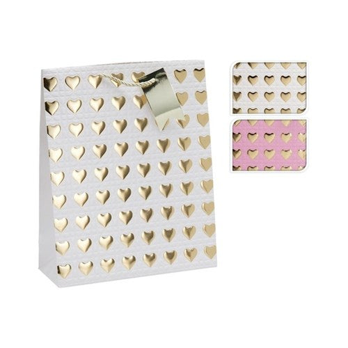 Large sized paper gift bag featuring a metallic heart pattern