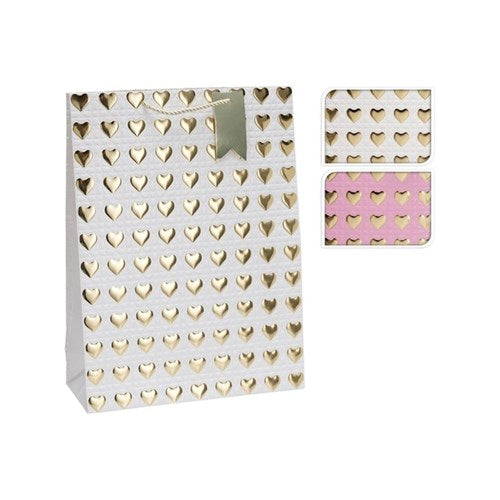 Extra large paper gift bag featuring a metallic heart pattern