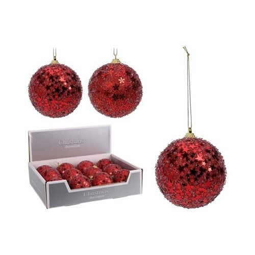 Two 8 cm red glitter polyfoam baubles