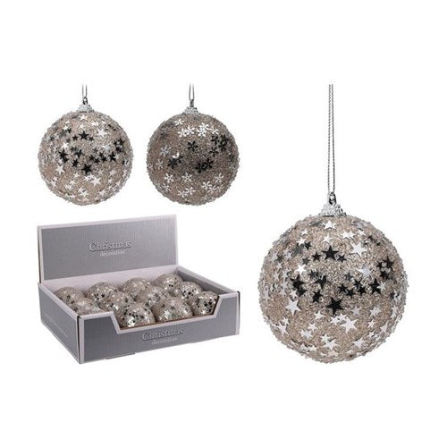 Two 8 cm champagne glitter polyfoam baubles