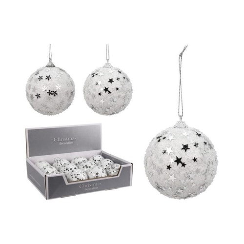 Two 8 cm white glitter polyfoam baubles