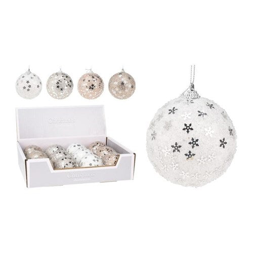 Four 8 cm polyfoam baubles in silver and champagne finishes