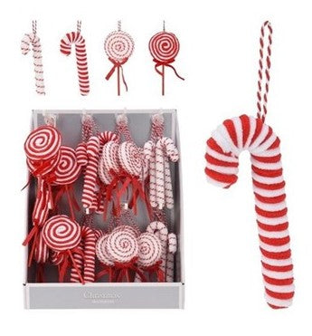 Four assorted candy themed hanging decorations