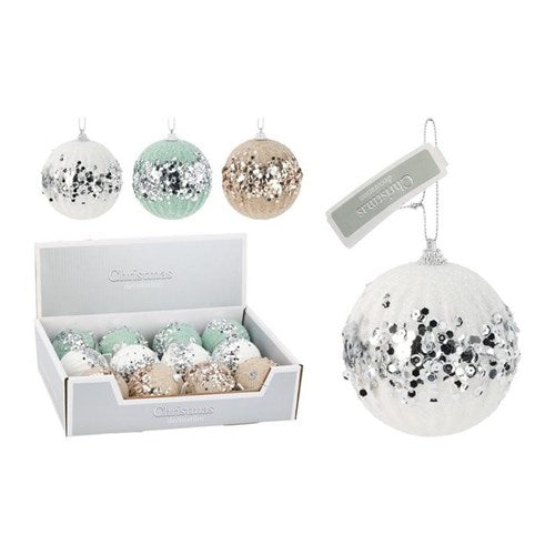 Three 8 cm sequin baubles in assorted finishes