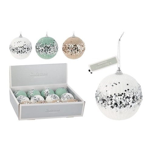 Three 100 mm sequin baubles in assorted finishes