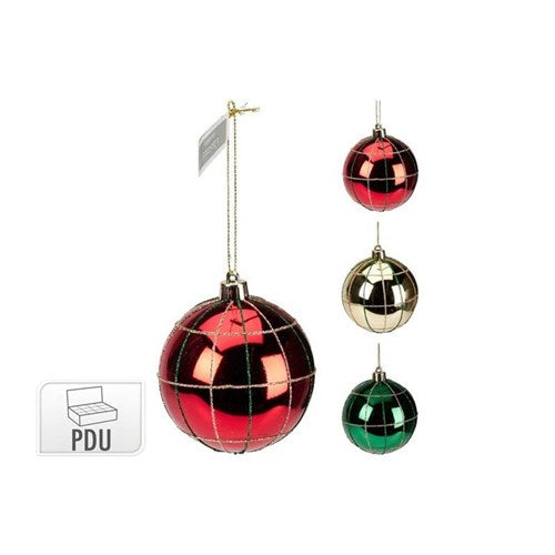 Three 8 cm checked baubles in assorted patterns