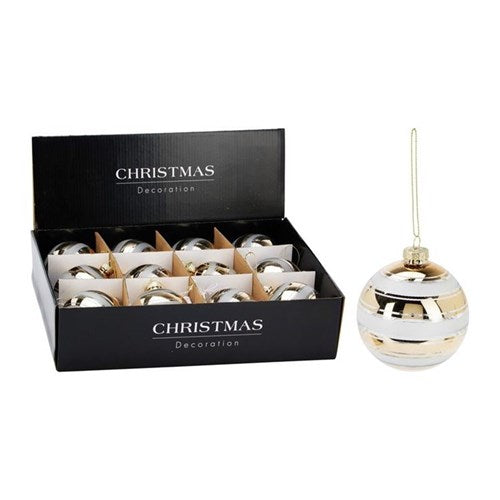 8 cm glass bauble in gold and white finish