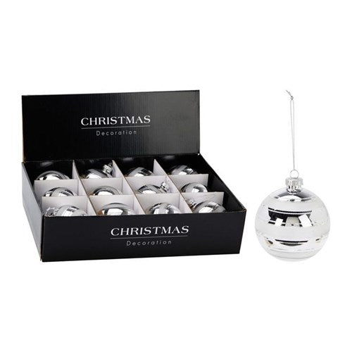 Single 8 cm silver glass bauble with reflective shine