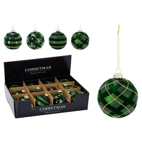 green decorated glass Christmas bauble 80mm assorted
