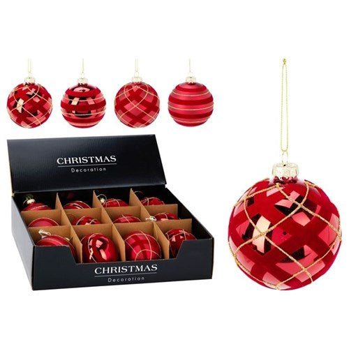 red decorated glass Christmas bauble 80mm assorted