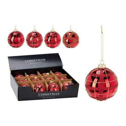 Four 8 cm red glass baubles in assorted finishes
