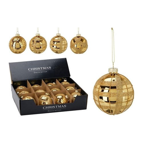 Four 8 cm gold glass baubles, assorted