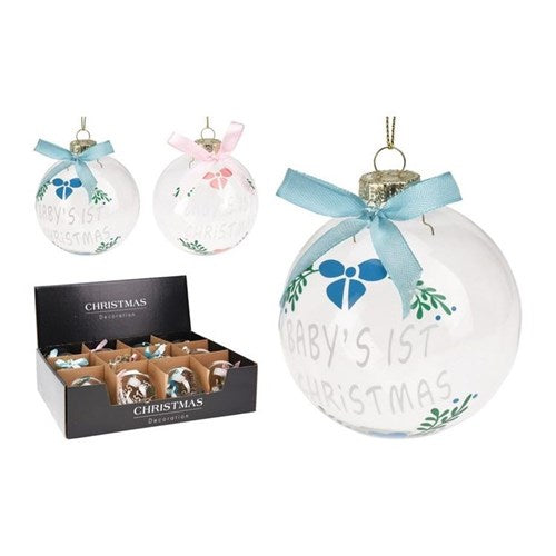 Two 80 mm baby themed baubles with text designs
