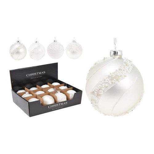 Set of four 8 cm white glass baubles, assorted finishes
