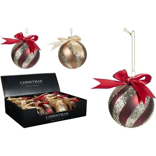 80mm glass Christmas bauble with glitter and bow assorted