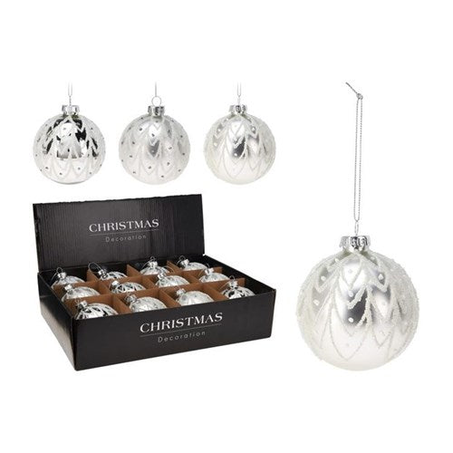 Three 8 cm silver glass baubles in assorted finishes