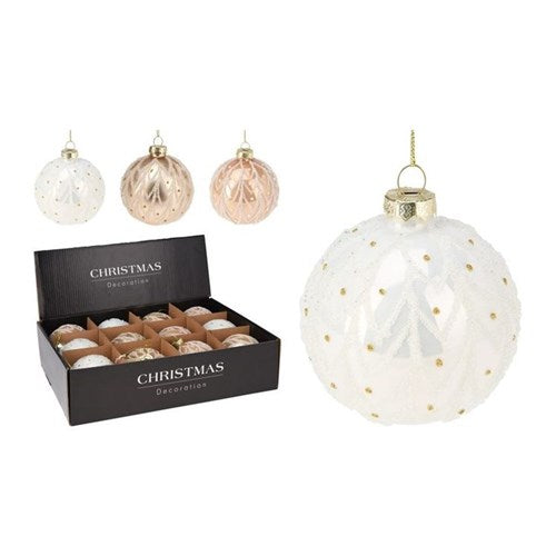 Three 8 cm gold glass baubles, assorted