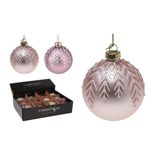 8 cm white glass bauble with leaf design