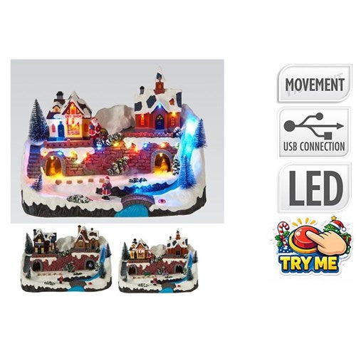 22cm LED Christmas scene with two houses assorted design