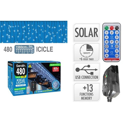premium solar icicle lights 480 LED white 15.6m