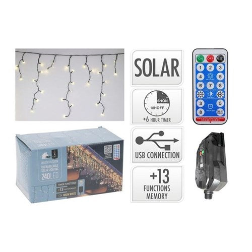 7.8 m solar icicle lights, 240 warm white LEDs