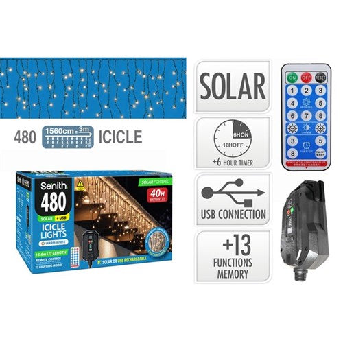 premium solar icicle lights 480 LED warm white 15.6m