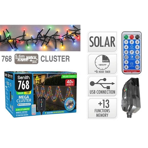 premium solar MegaCluster 768 LED multicolour lights 5.6m