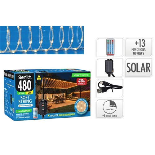 premium solar string lights 480 LED warm white 24m 13 functions remote