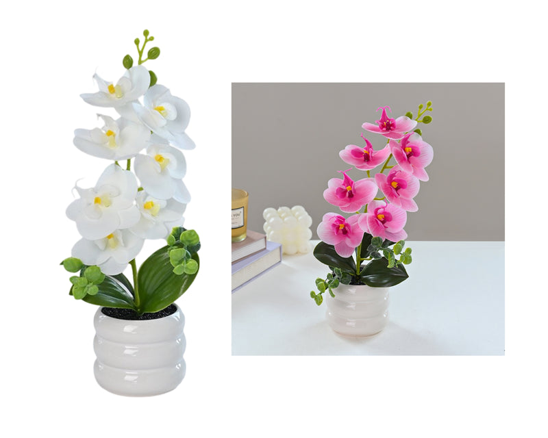 Artificial potted orchid, 7.5 x 28 cm high, assorted styles