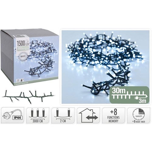 1500 LED white snake Christmas lights 30m with timer and memory