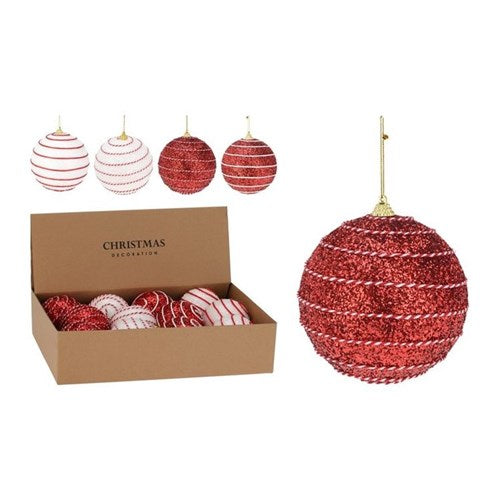 Four 8 cm red and white baubles, assorted