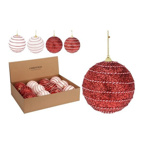 Four 10 cm red and white baubles, assorted