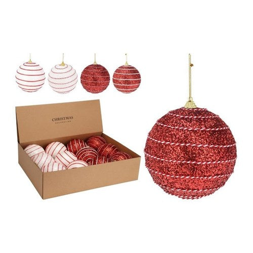 Four 12 cm red and white baubles, assorted finishes