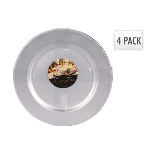 Four 33 cm silver plates arranged for a setting