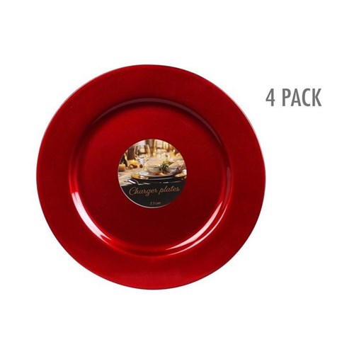 Four 33 cm red dinner plates stacked on a table