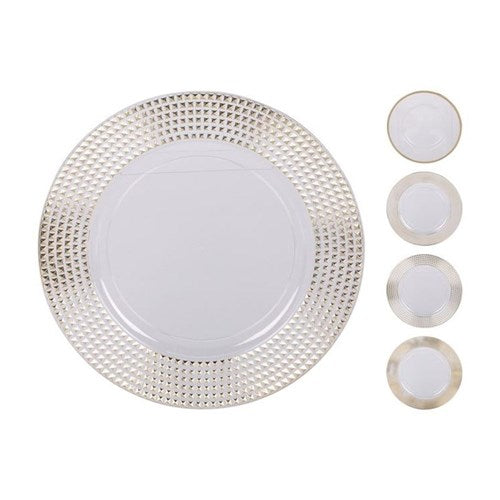 Four white 33 cm plates with gold rims