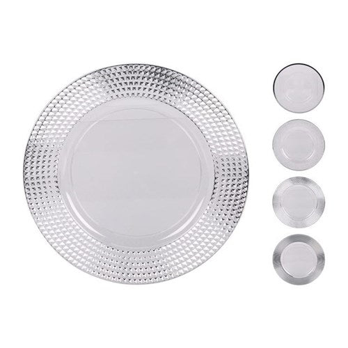 Four white 33 cm plates with silver accents