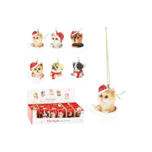 6 cm dog and cat in cup hanging ornament