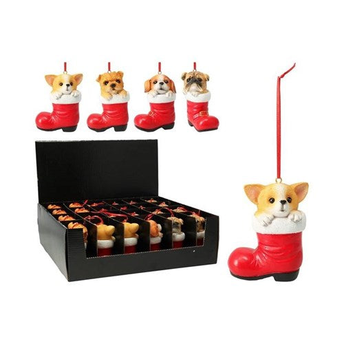 Four 11 cm dog in boot hanging ornaments