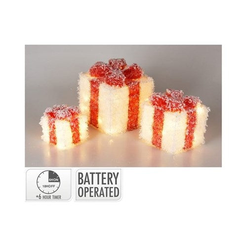 Trio of light up gift boxes in 20, 15, and 10 cm sizes
