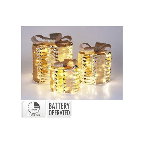 Set of 3 gold LED gift boxes, 45 lights total
