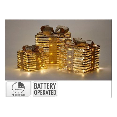 3 piece gold gift box set with warm white micro LEDs battery operated